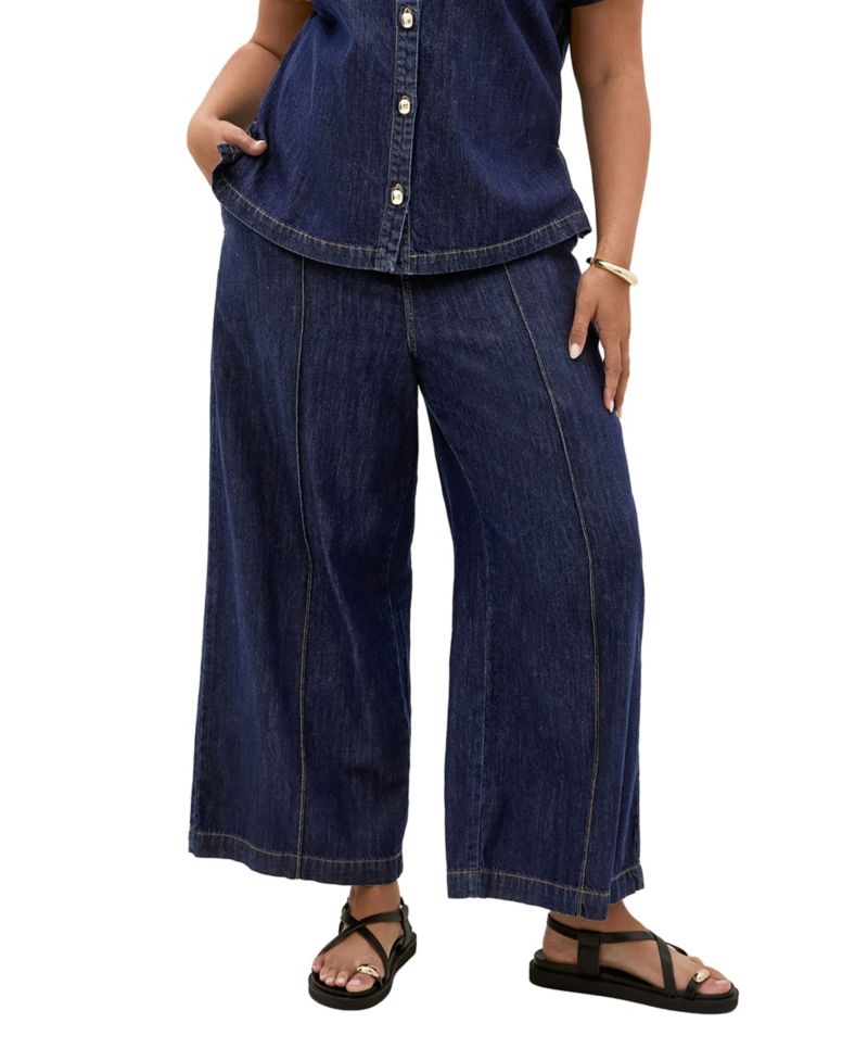 Plus Size Tilly High-Rise Wide-Leg Elastic-Back Cotton Denim Pants