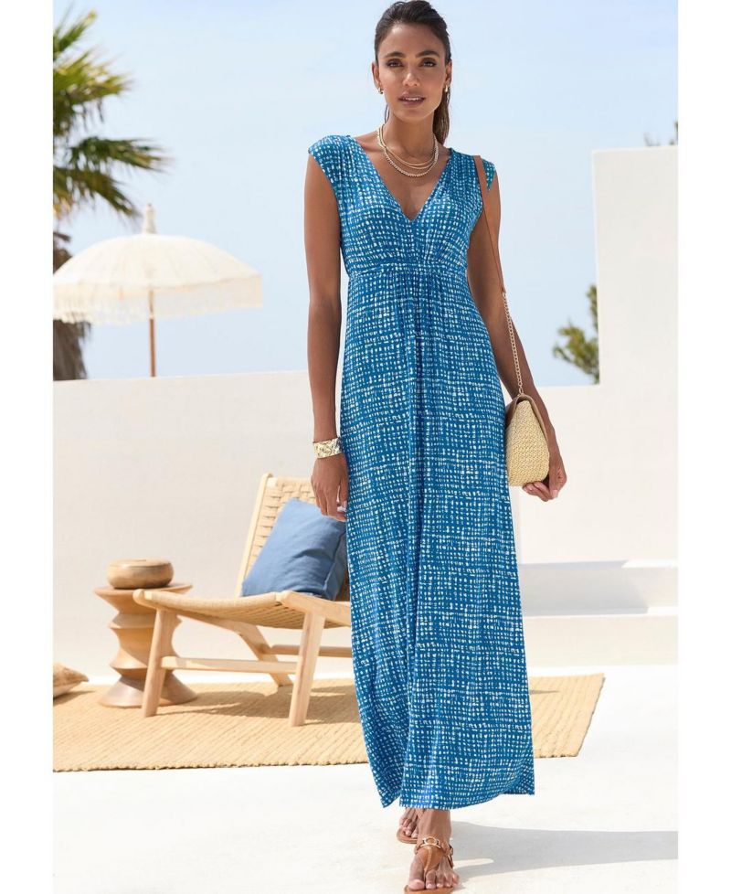 Women's Printed A-Line V-Neck Empire-Waist Maxi Dress