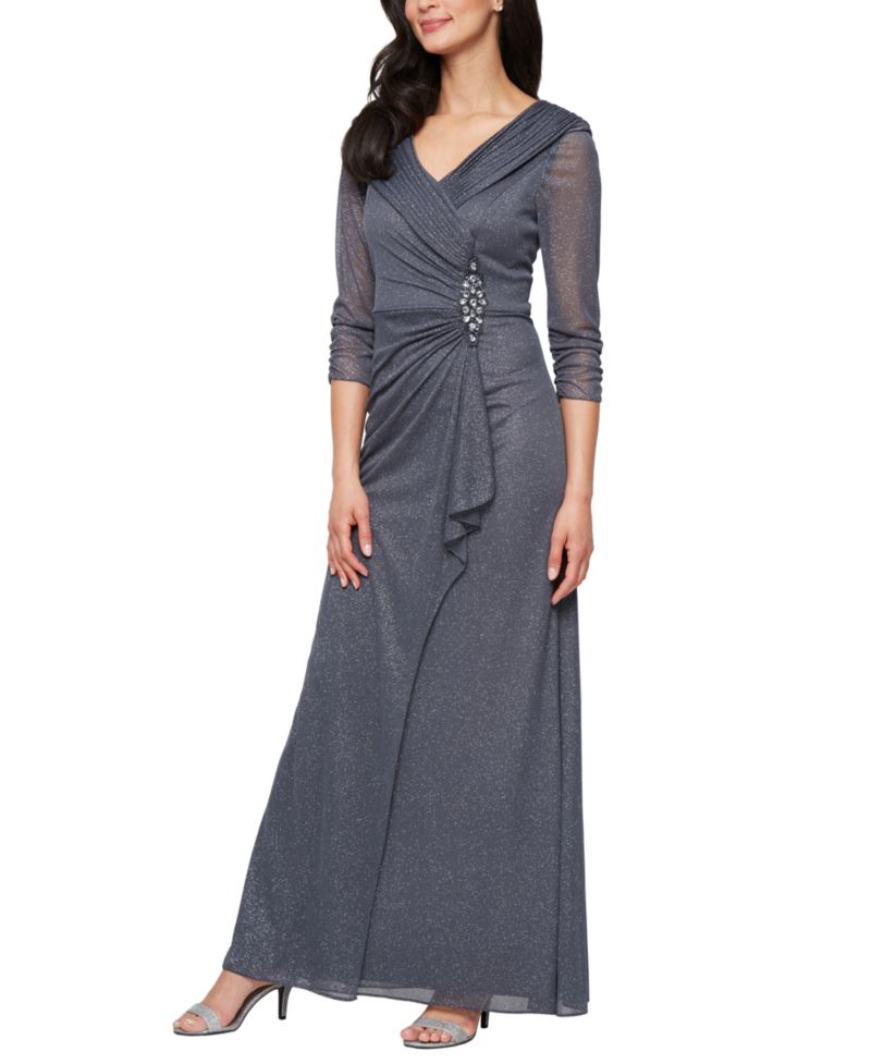 Petite Portrait Collar Embellished Mesh Dress