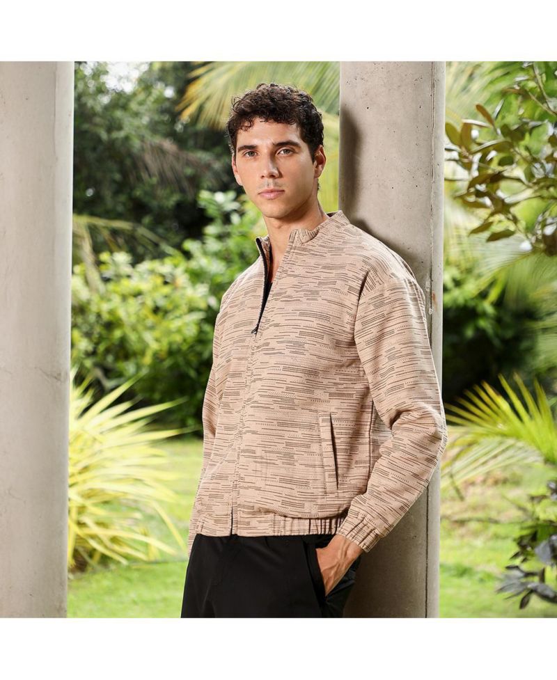 Men's Sand Beige Lined-Jacquard Bomber Jacket