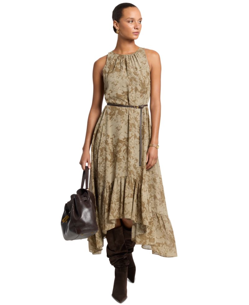 Women's High-Low Floral-Print Ruffled Hem Midi Dress