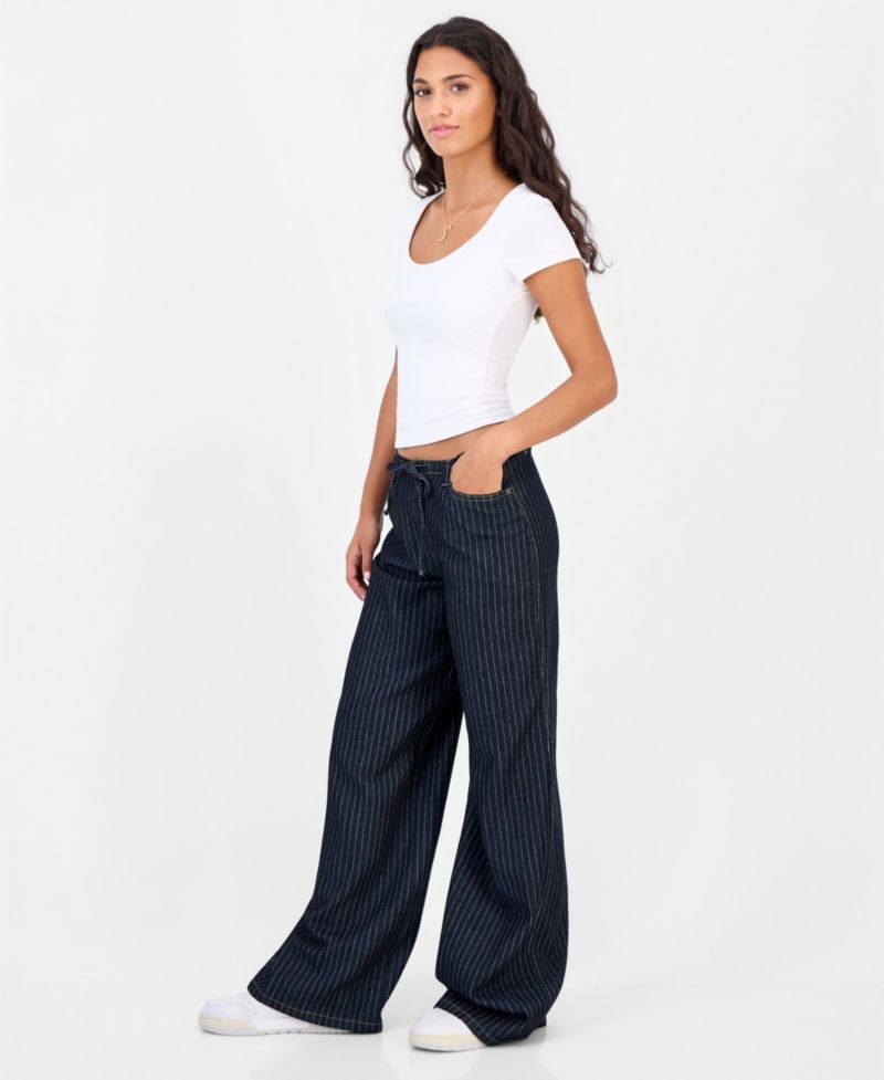 Juniors' Striped Wide-Leg Pull-On Jeans