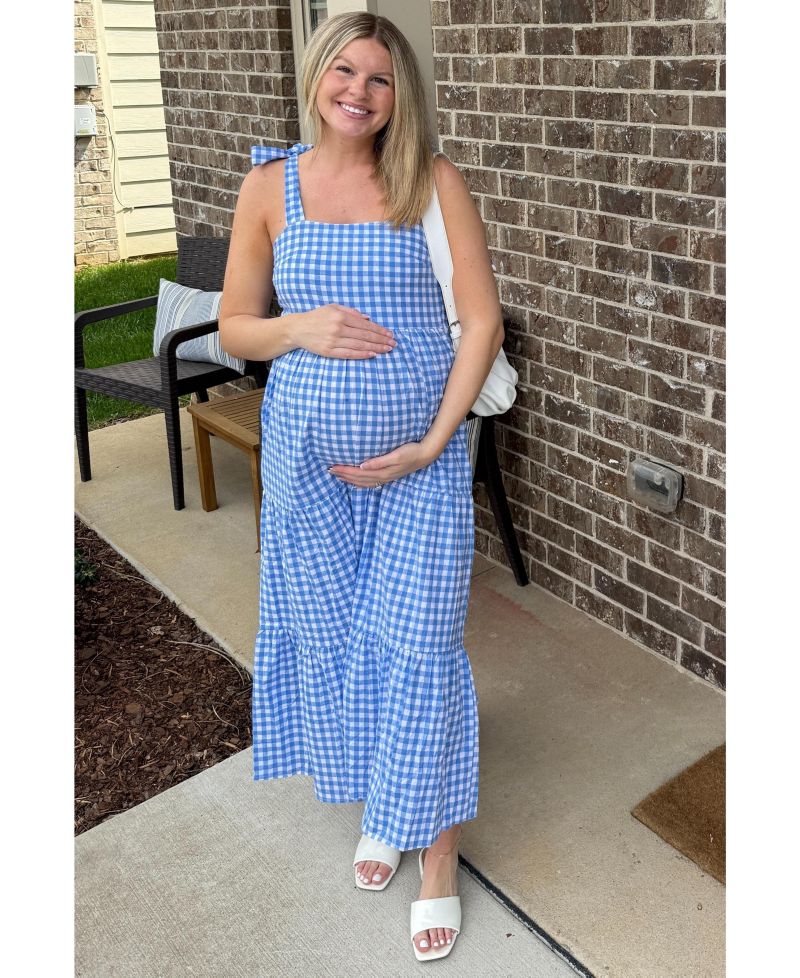 Women's Blue Checkered Sleeveless Tiered Maxi Dress
