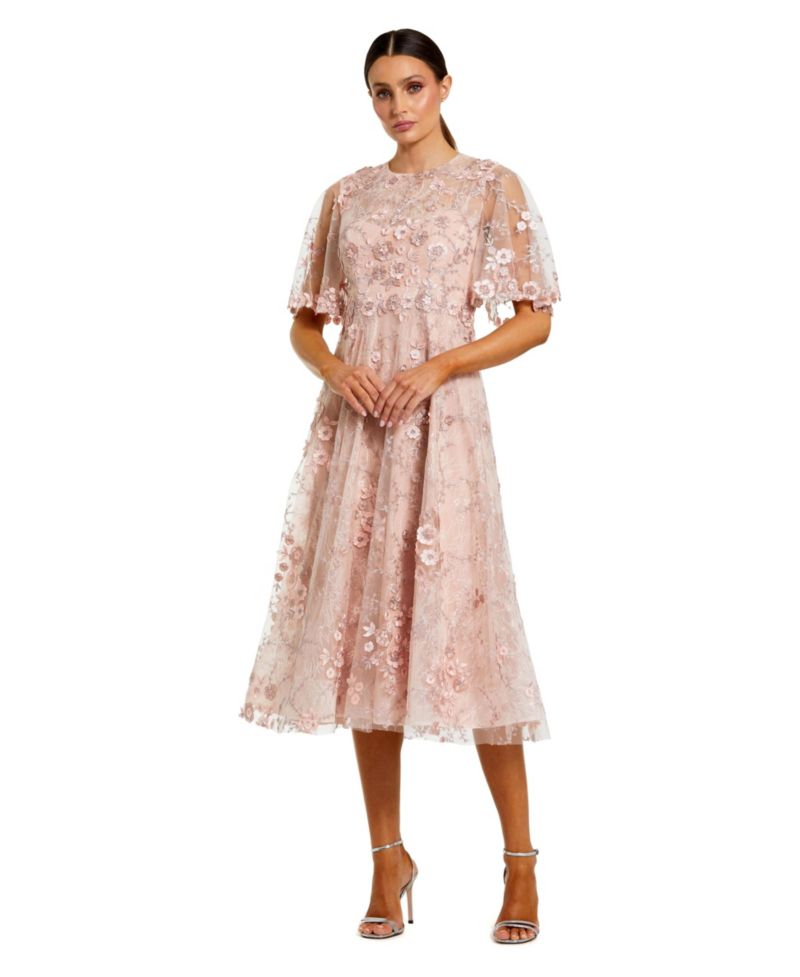 Petite Flutter Sleeve Embroidered Midi Dress