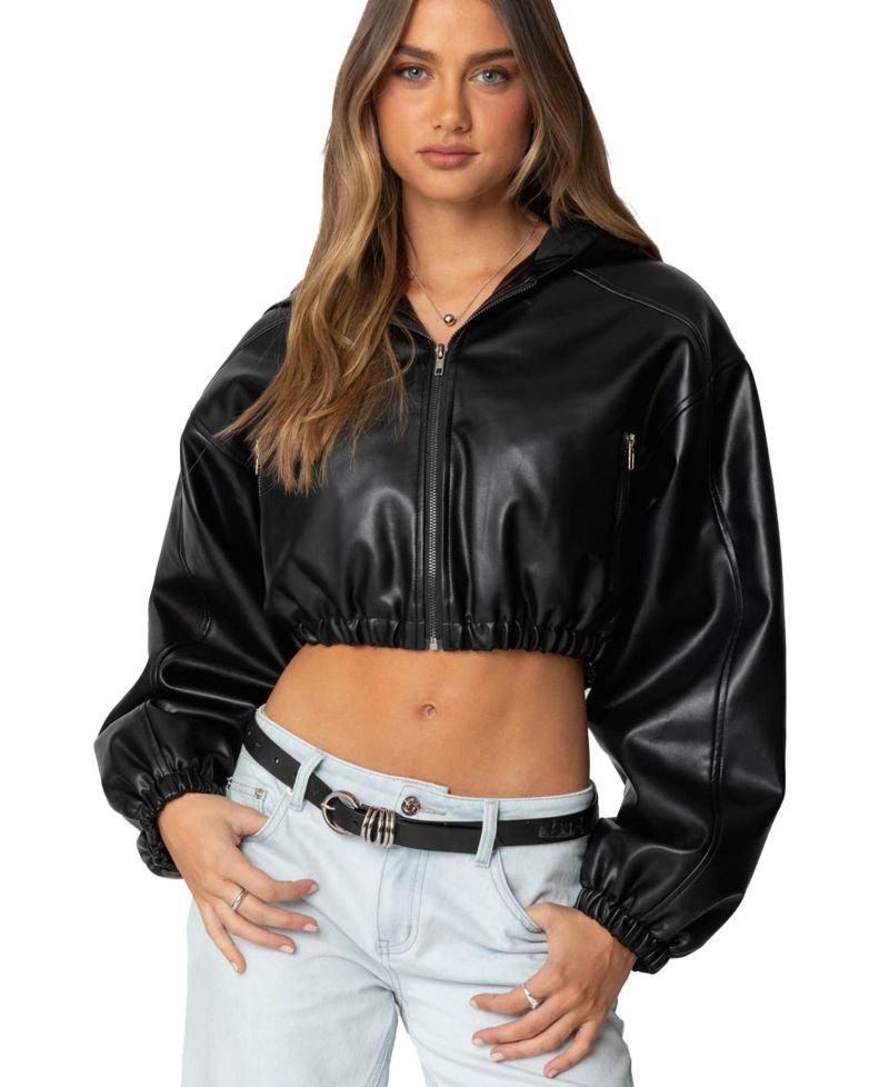 Women's Hooded Faux Leather Cropped Jacket