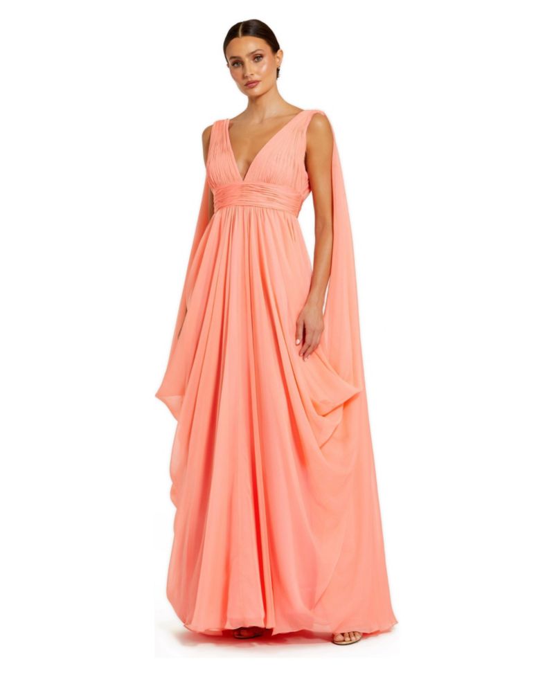 Women's Pleated V-Neck Chiffon Cape Gown