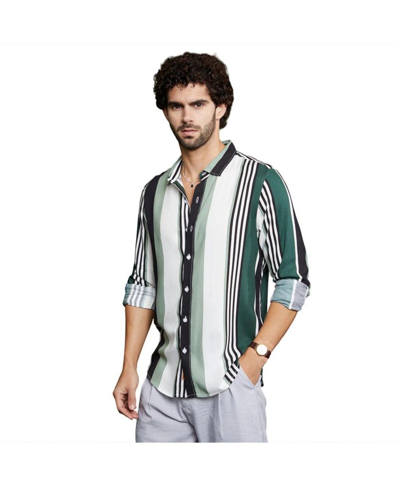 Men's Jungle Green & Cream White Multitrack-Striped Shirt
