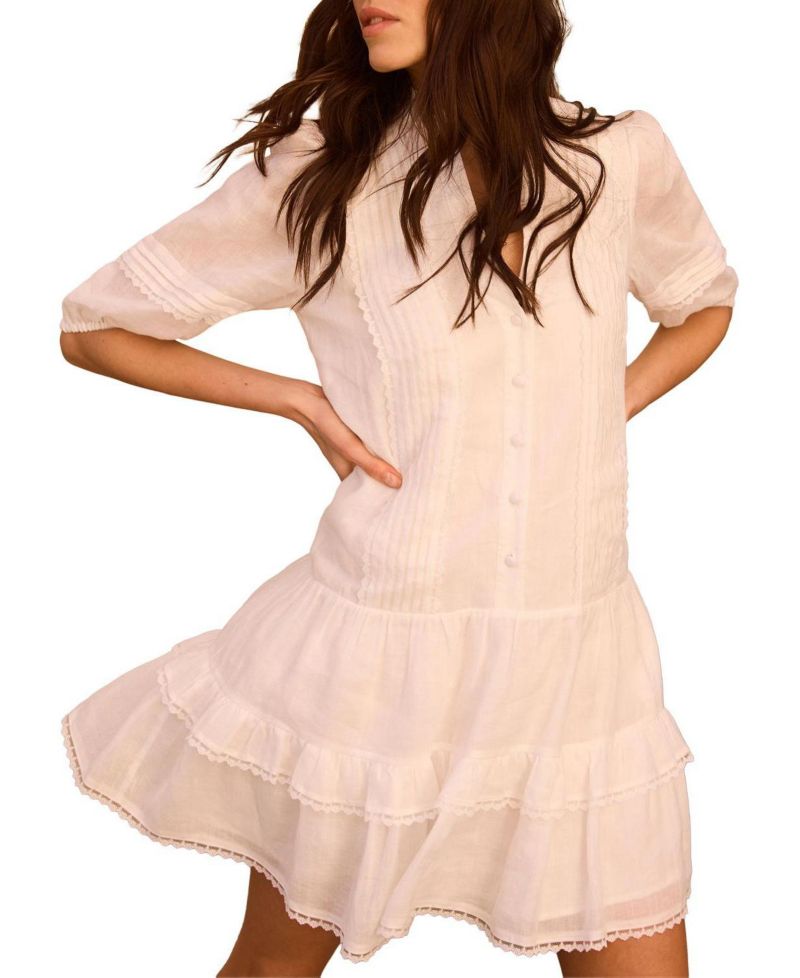 Women's Ruffle V-Neck Short-Sleeve Ramie Mini Dress