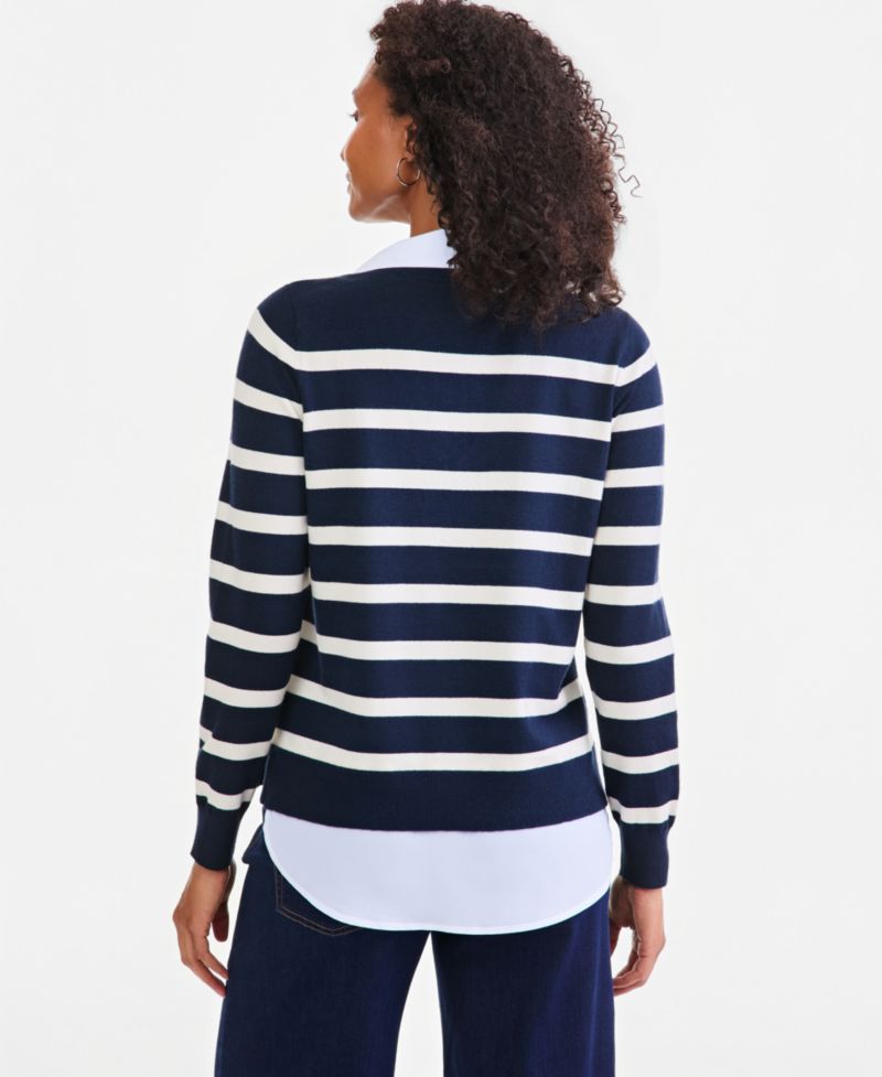 Petite Two-Fer Striped V-Neck Sweater