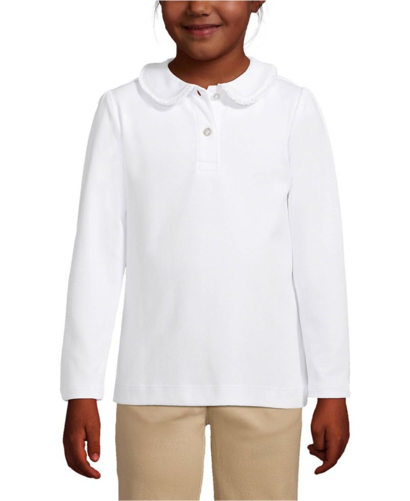 School Uniform Girls Long Sleeve Ruffled Peter Pan Collar Polo Knit Shirt