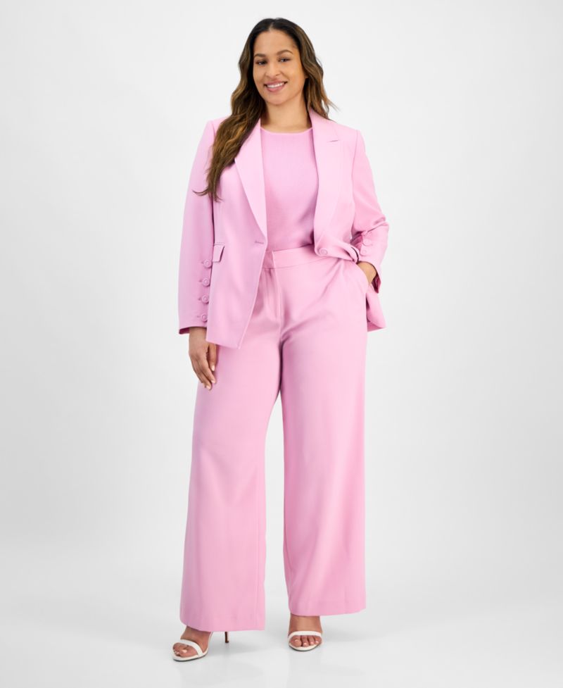 Plus Size Single-Button Crepe Blazer & Wide-Leg Pants Suit Separates