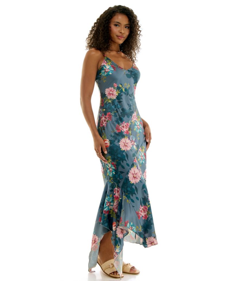 Women's Floral-Print Satin Asymmetric Ruffle Hem Midi Slip Dress