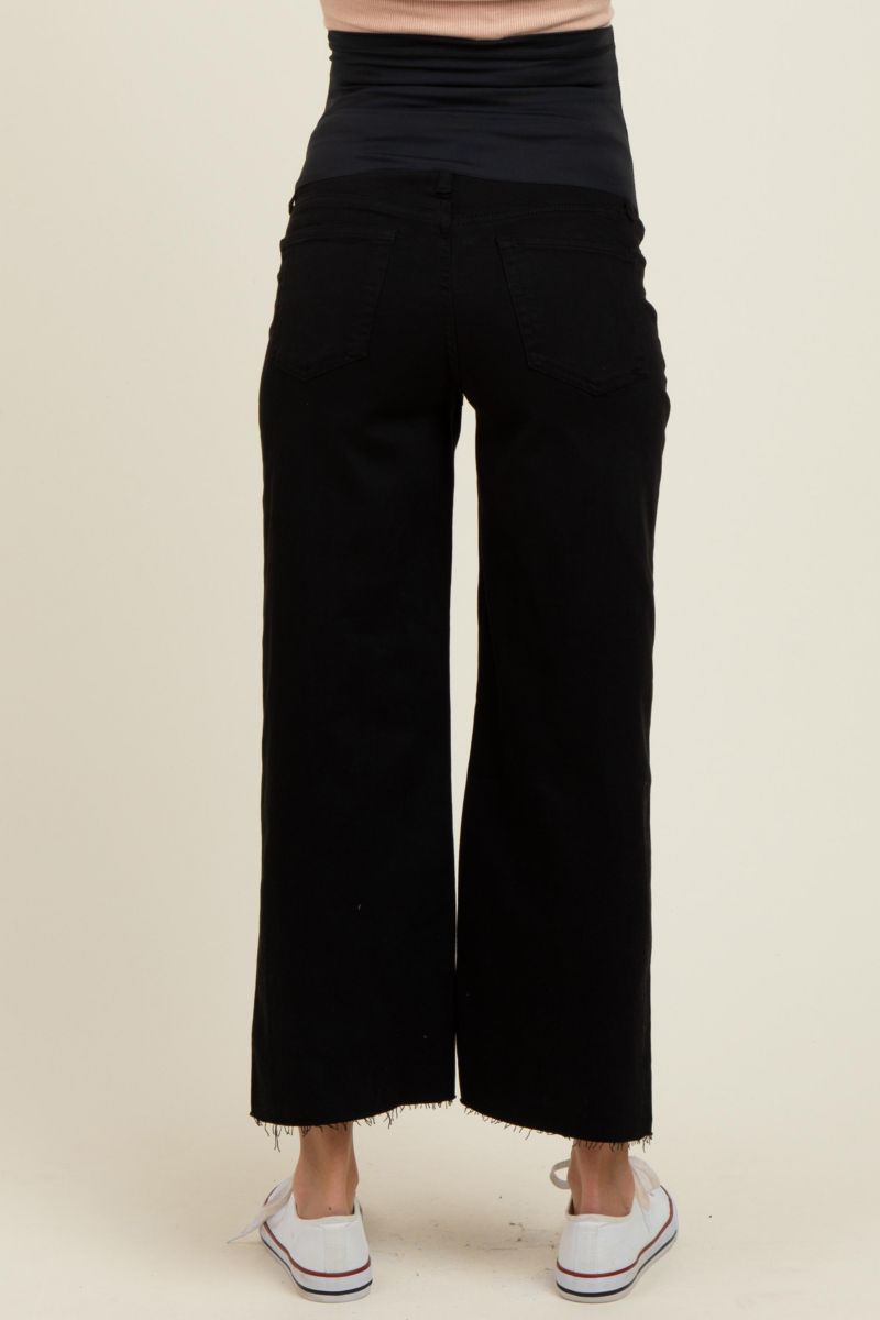 Women's Black Raw Hem Cropped Wide Leg Jeans