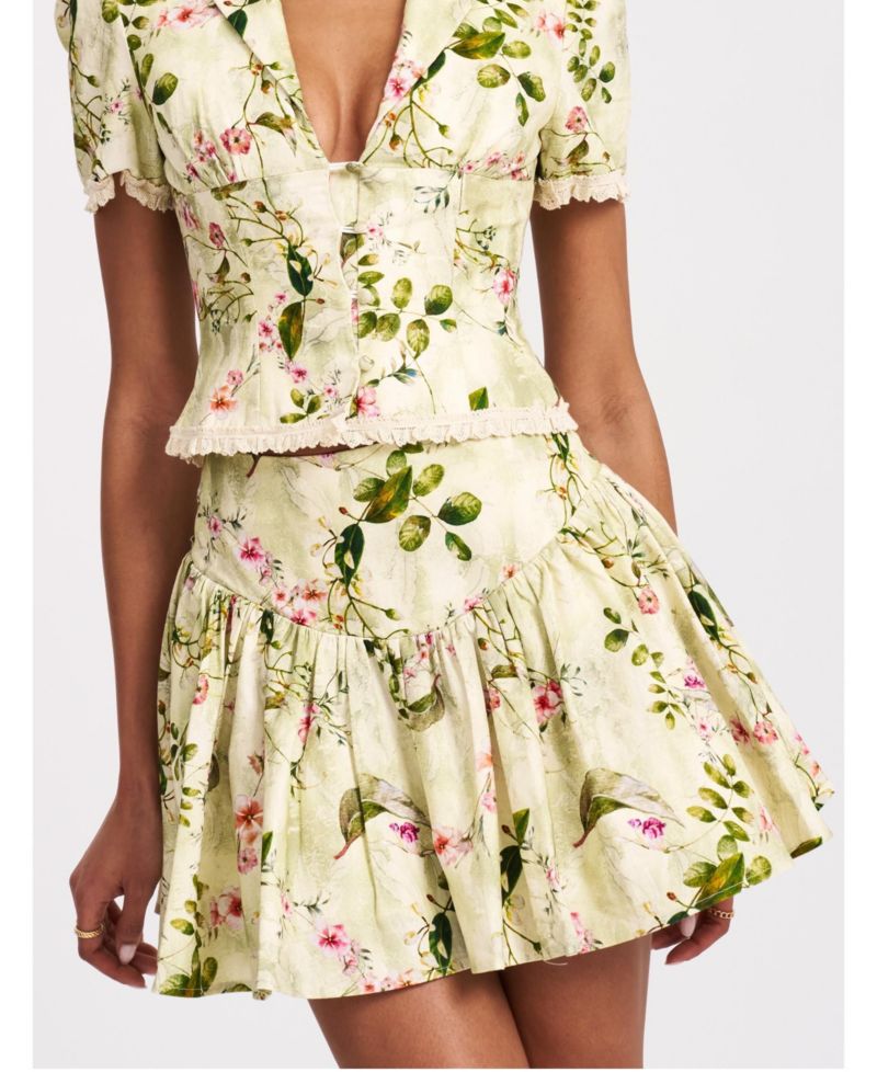 Women Zanelle Green Floral Print Drop Waist Linen Full Skirt