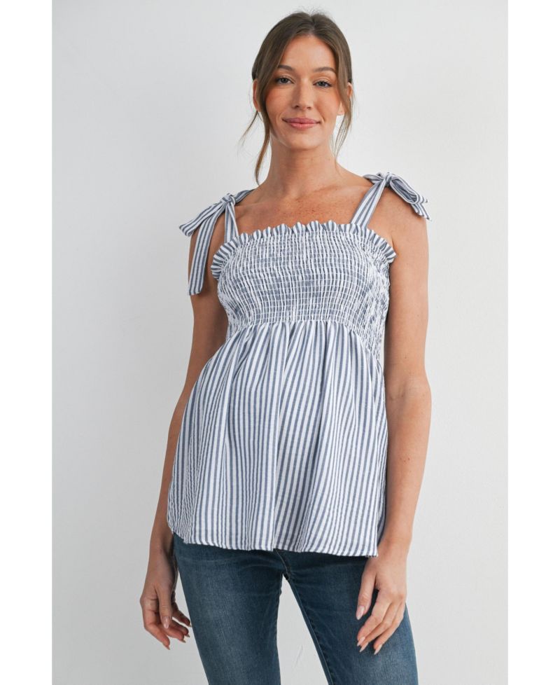 Maternity Striped Smocked Square Neck Tie Strap Top