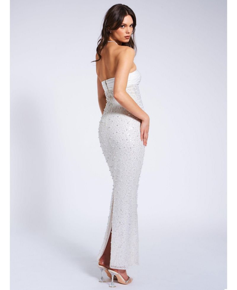 Women's Lainey White Satin Sequin Pearls Beaded Maxi Dress