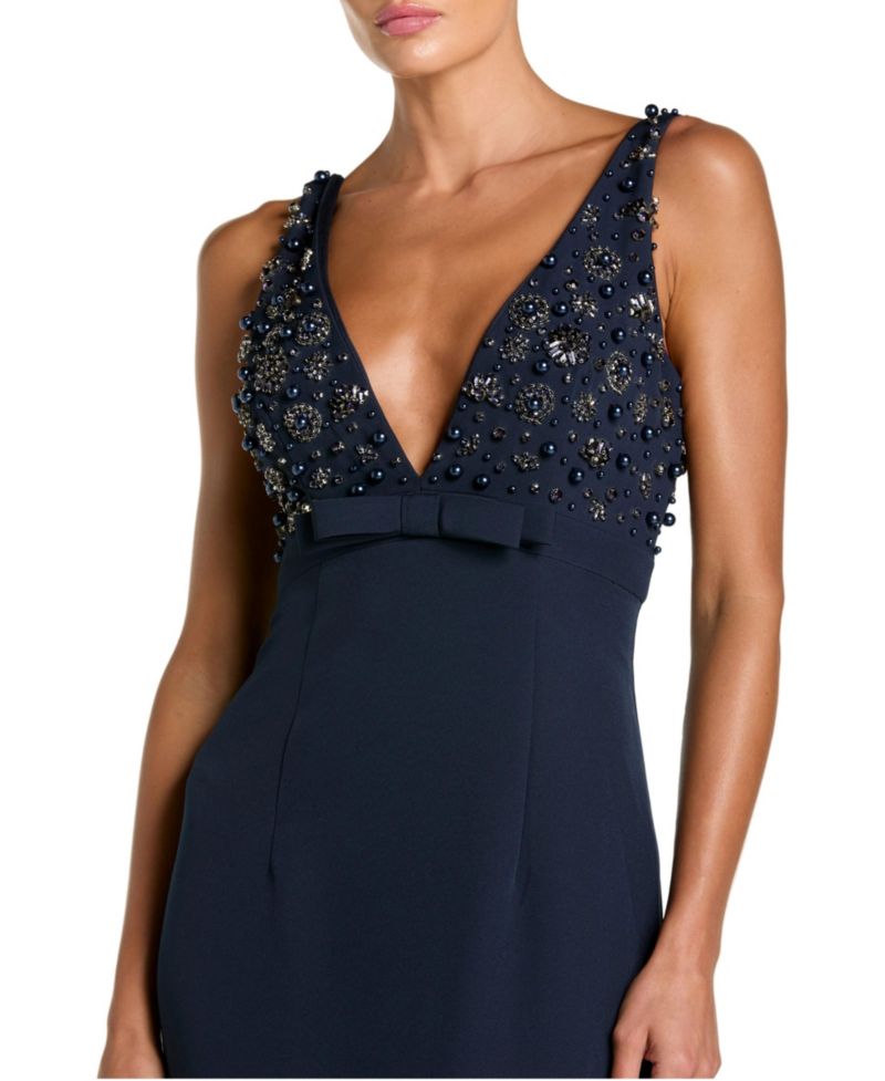 Women's Crepe Sleeveless Beaded V Neck Gown With Bow
