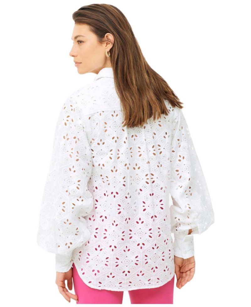 Plus Size Eyelet Button Front Shirt With Blouson Sleeves