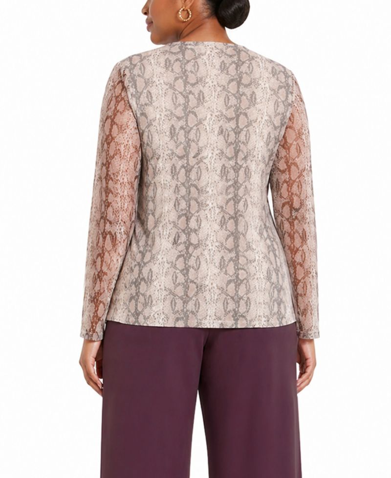 Plus Size Python Mesh Long-Sleeve Top