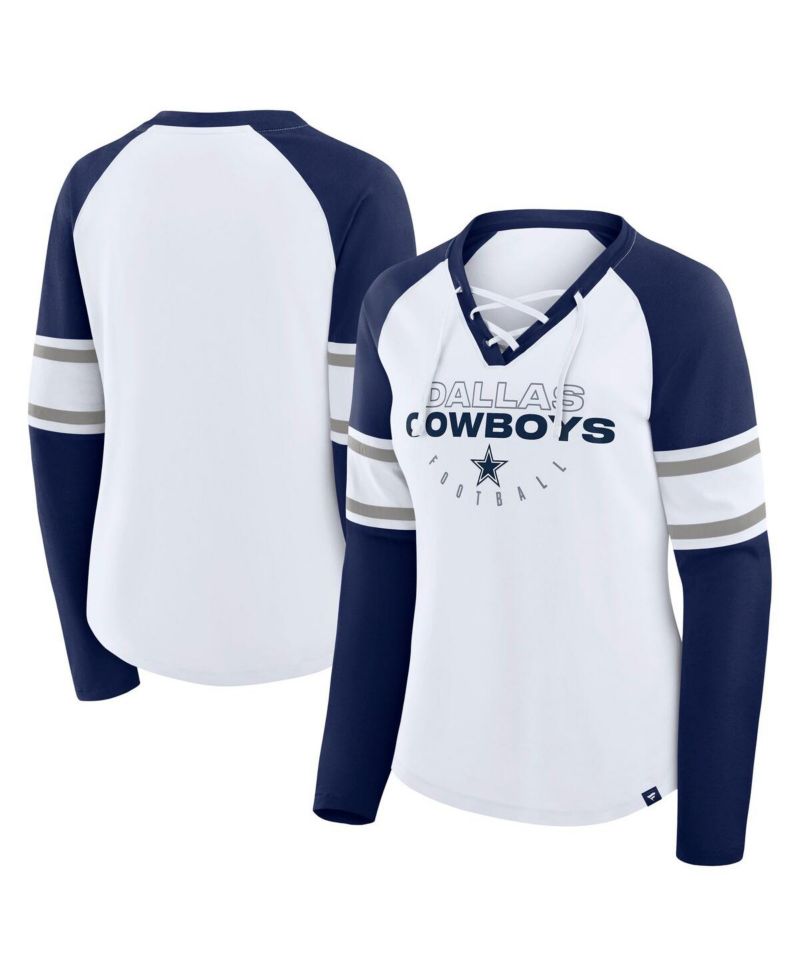 Women's White/Navy Dallas Cowboys Redzone Blitz Package Raglan Lace-Up V-Neck Long Sleeve T-Shirt
