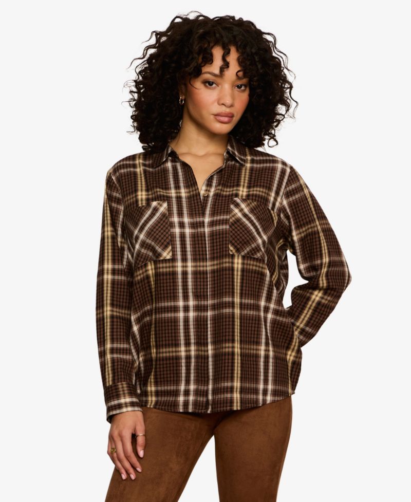 Petite City Plaid Long-Sleeve Button-Up Shirt