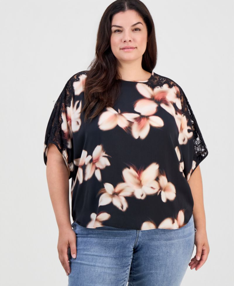 Plus Size Inset Lace Dolman Floral Blouse