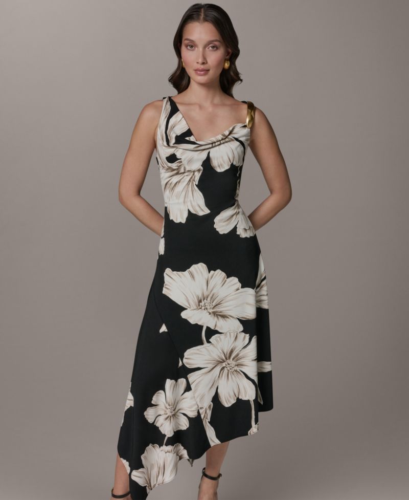 Women's Sleeveless Floral Cowl Neck Asymmetrical Midi Dress