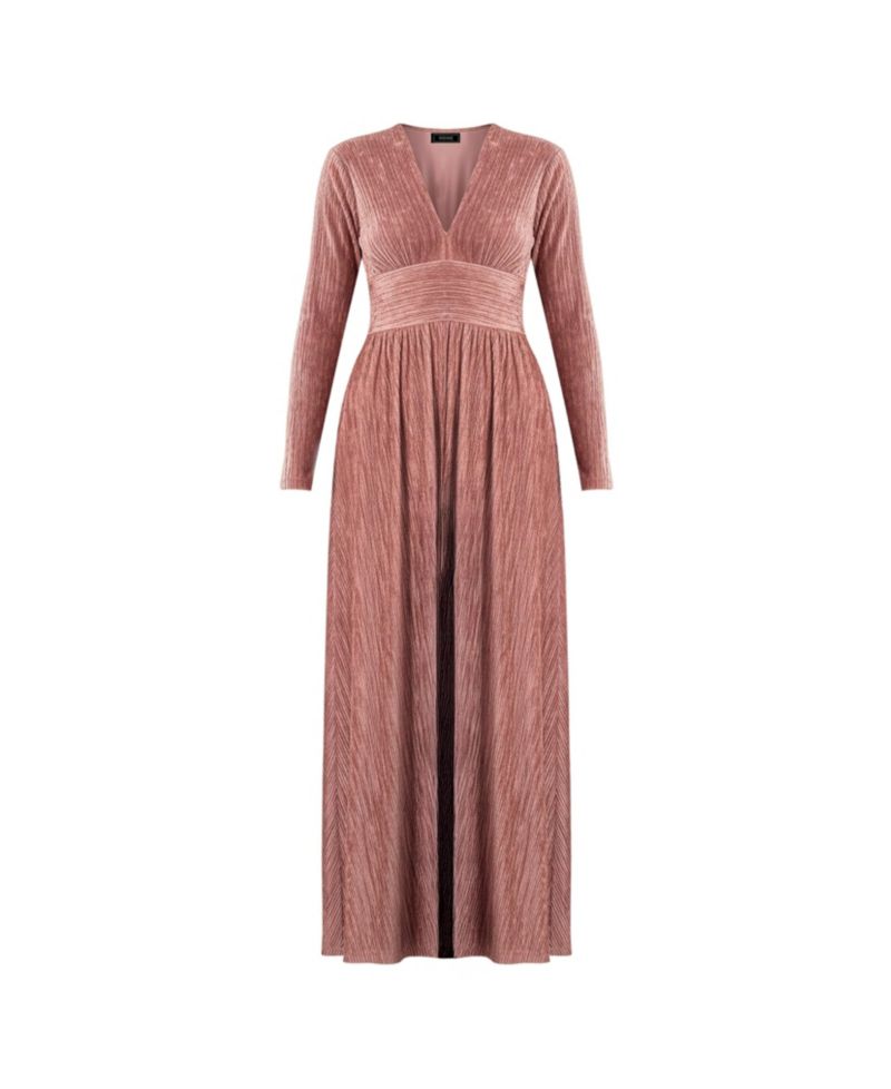 Women's Long Velvet Pleated V-Neck Dress