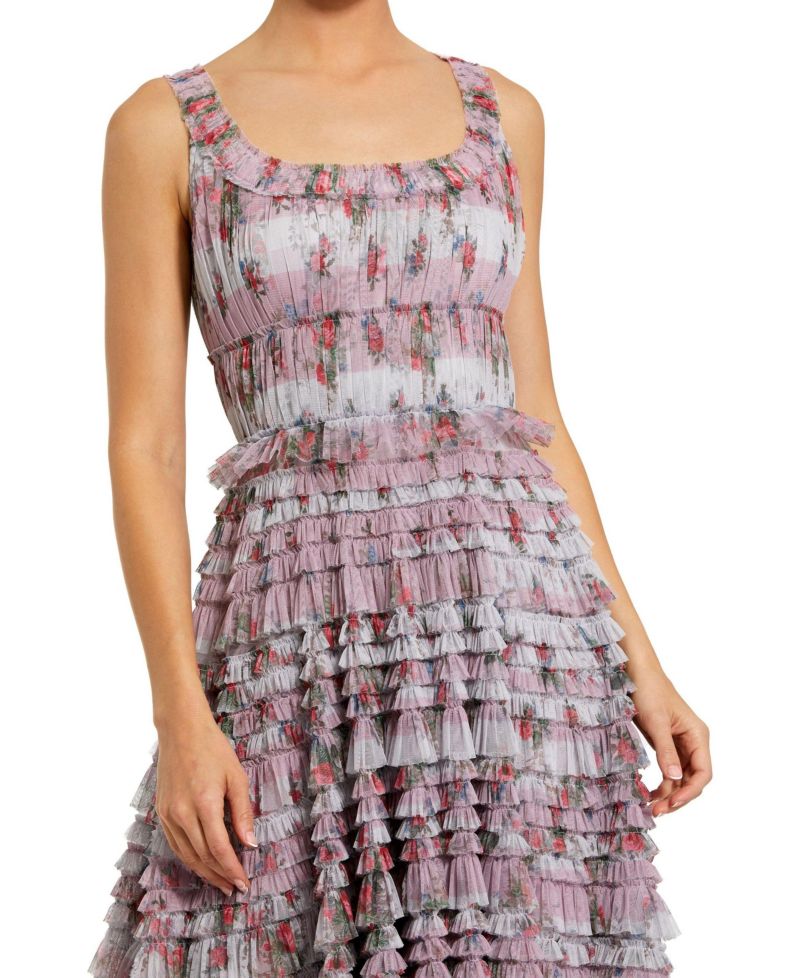 Women's Sleeveless Floral Midi Dress with Tiered Ruffles