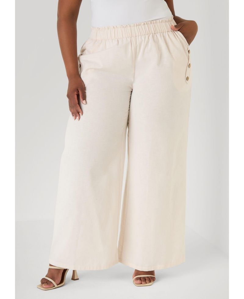Women's Wide-Leg Pull-On Button-Detailed Cotton-Blend Pants