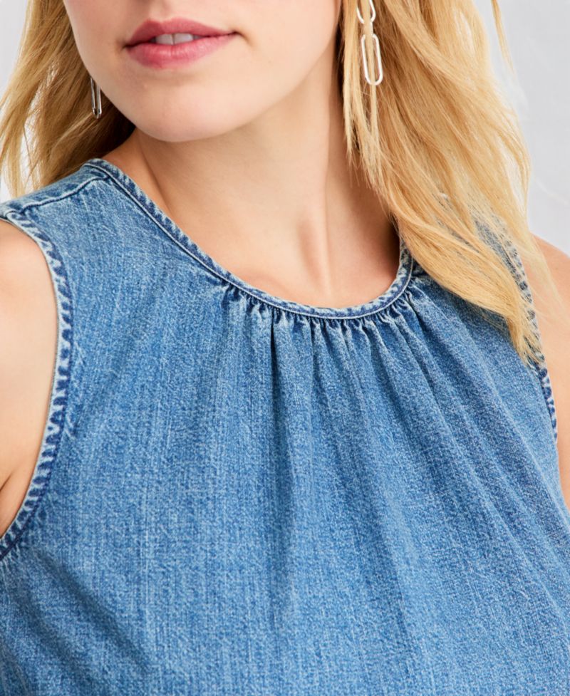 Women's Denim Tiered Cutout Midi Dress