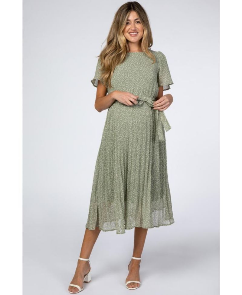 Women's Light Olive Leaf Print Pleated Midi Dress