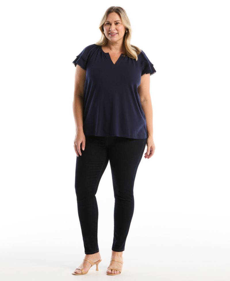 Plus Size Eyelet Flutter-Sleeve Split Neck Short-Sleeve Top