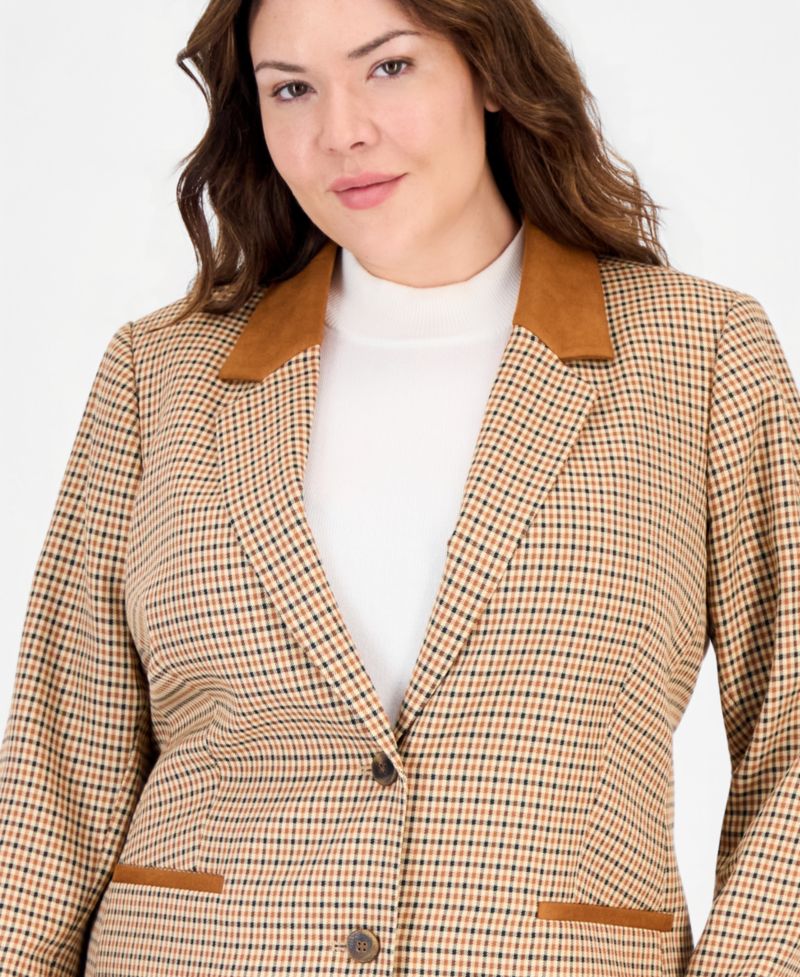 Plus Size Plaid Long-Sleeve Blazer