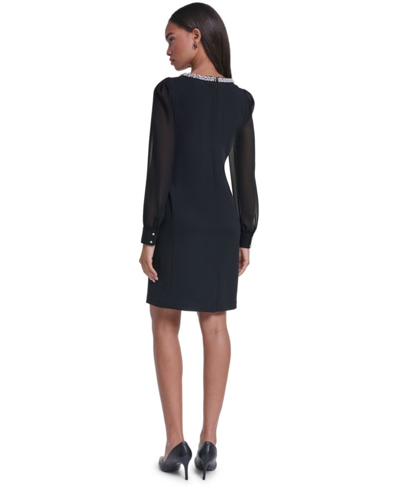 Women's Scuba Crepe Long-Sleeve Embellished Crewneck Sheath Dress