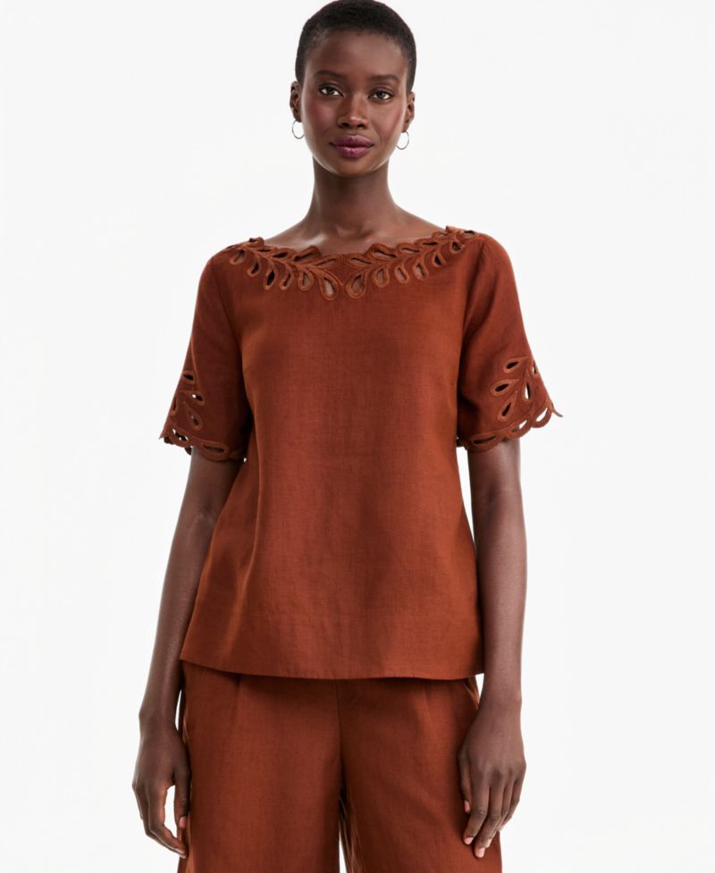 Women's Boat Neck Short Sleeve Scalloped-Edge Linen Blouse
