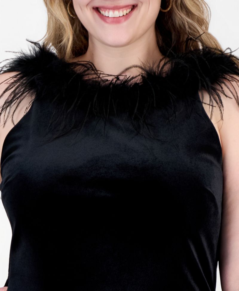 Plus Size Velvet High-Neck Feather Trim Gown