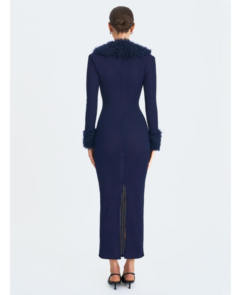 Women's Romina Plunging Faux Fur Trimmed Crochet Maxi Dress