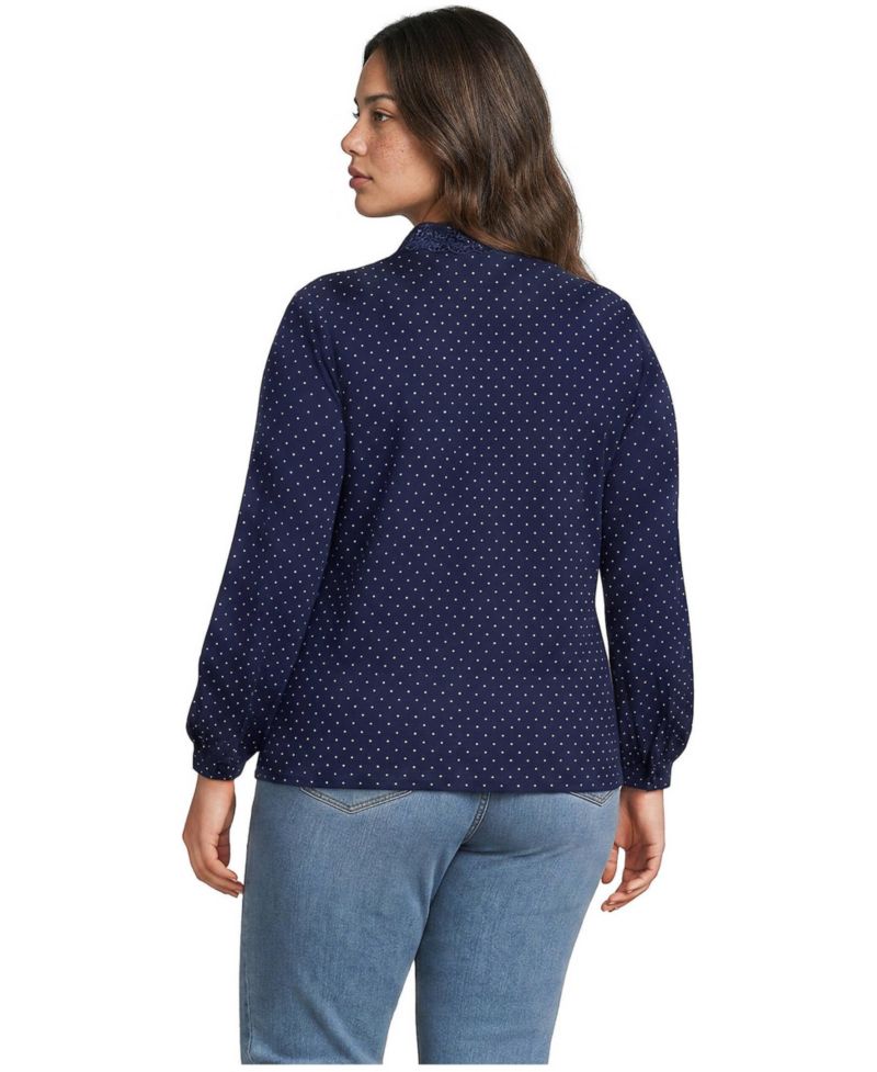 Plus Size Cotton Pintuck Lace Trim Collar Long-Sleeve Blouse