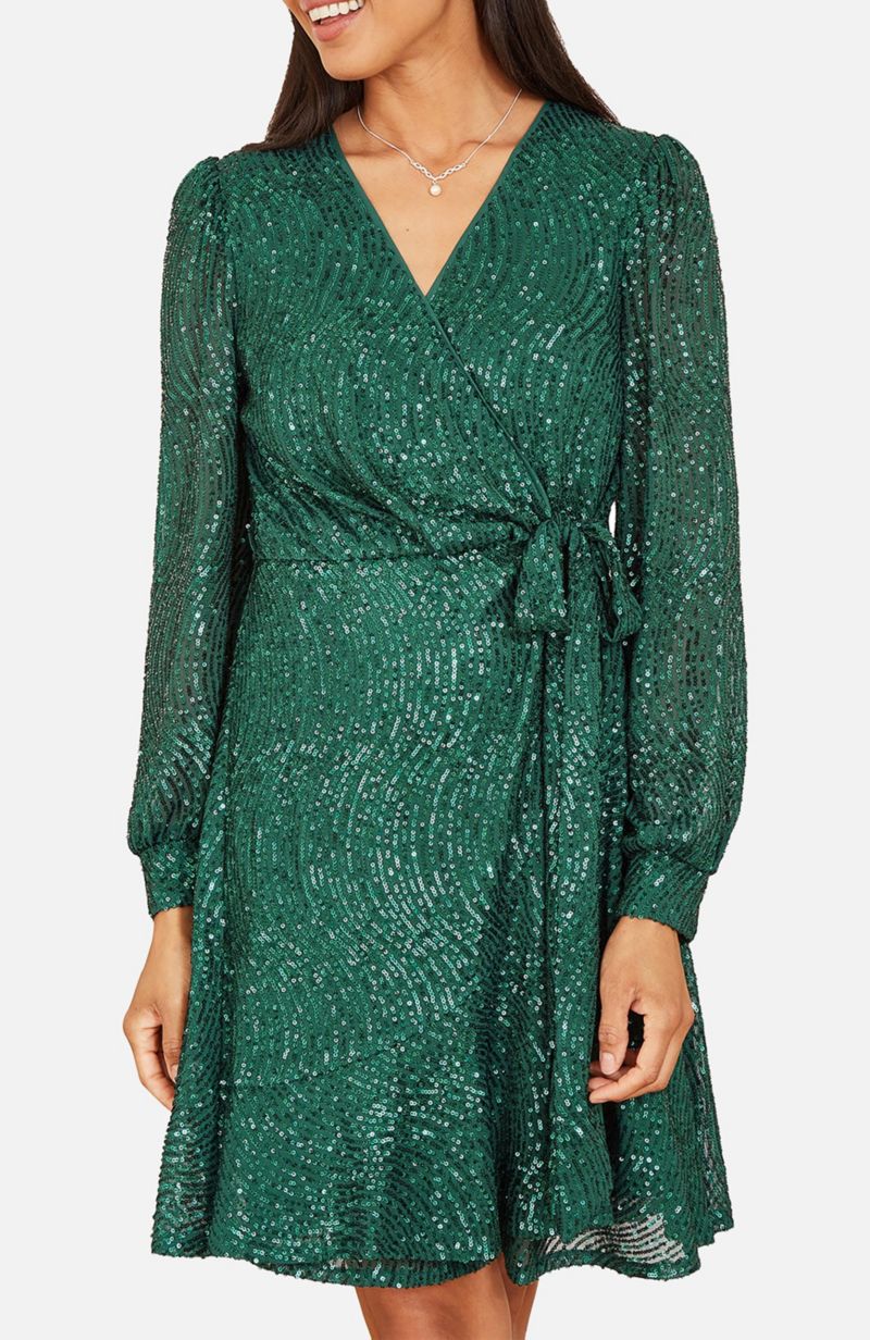 Women's Sequin Long Sleeve Frill Wrap Dress