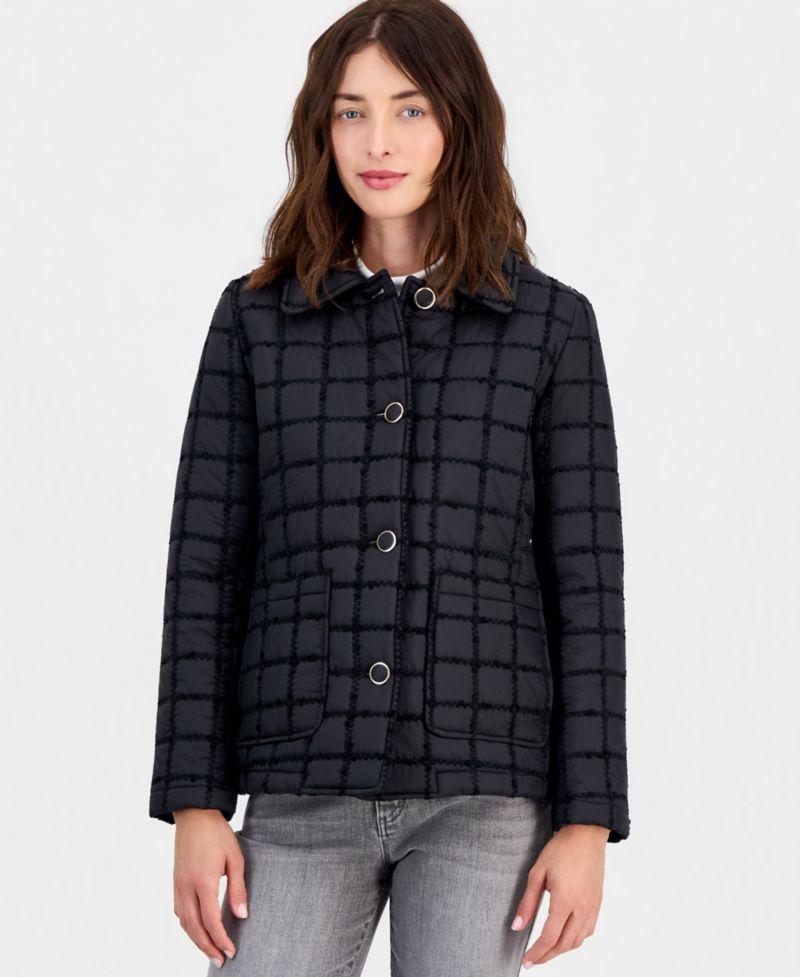Women's Short Boucl&eacute; Windowpane Quilted Coat