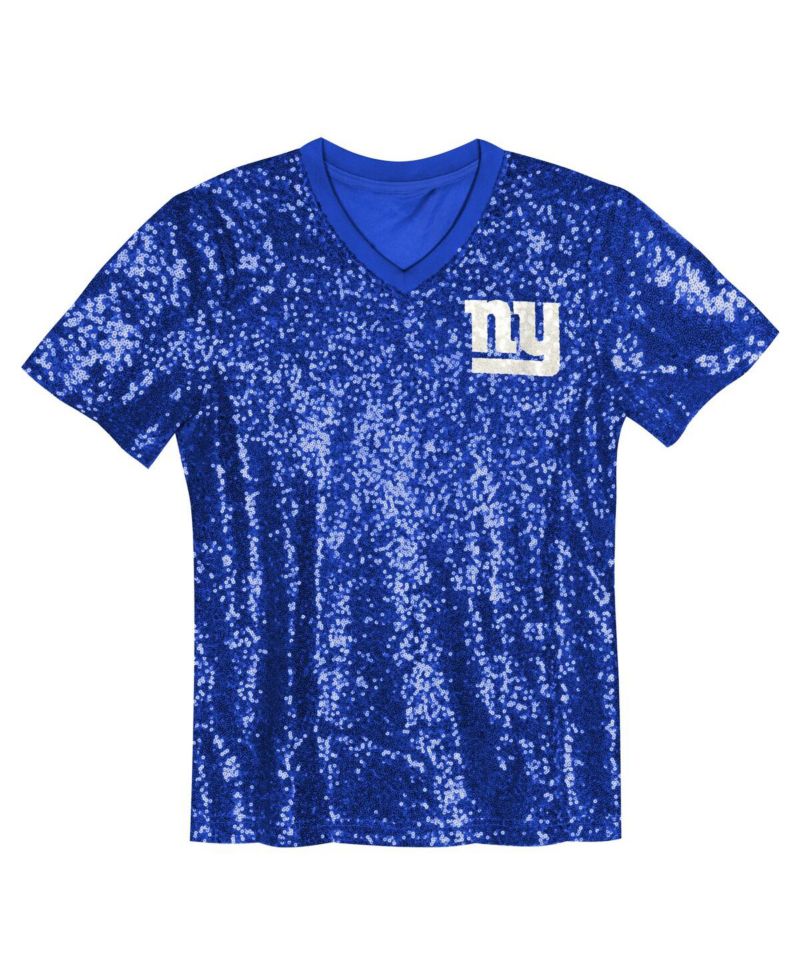 Big Girls Royal New York Giants Wordmark Sequin V-neck Top