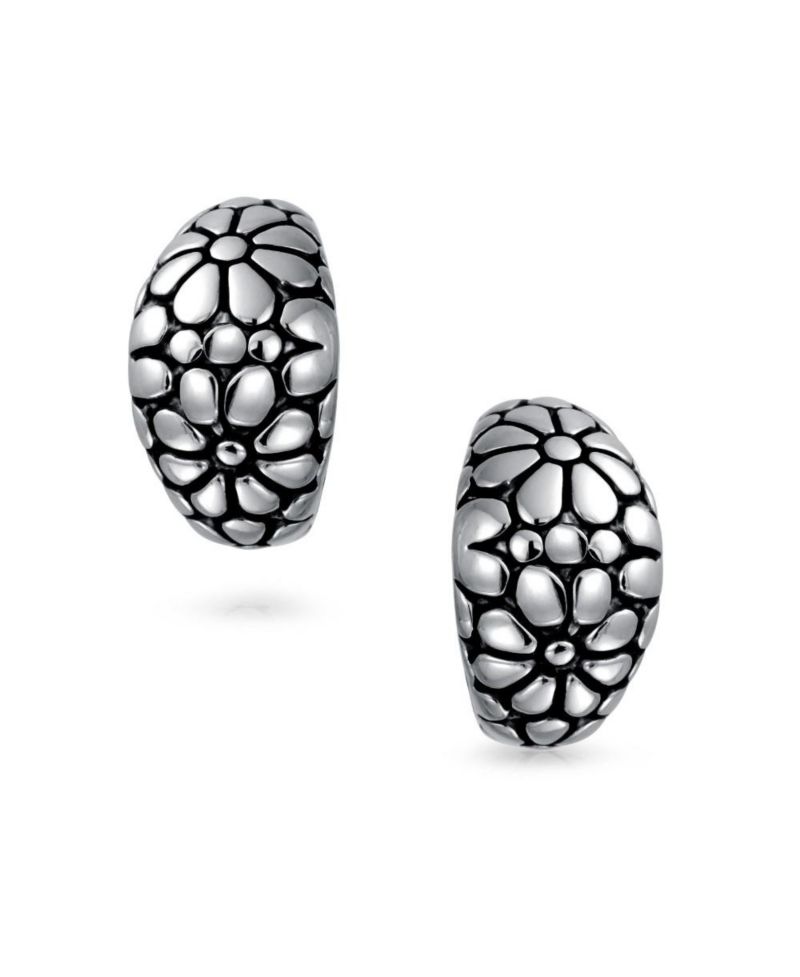 Daisy Flower Clip On Earrings Shrimp Style Oxidized Silver Plated