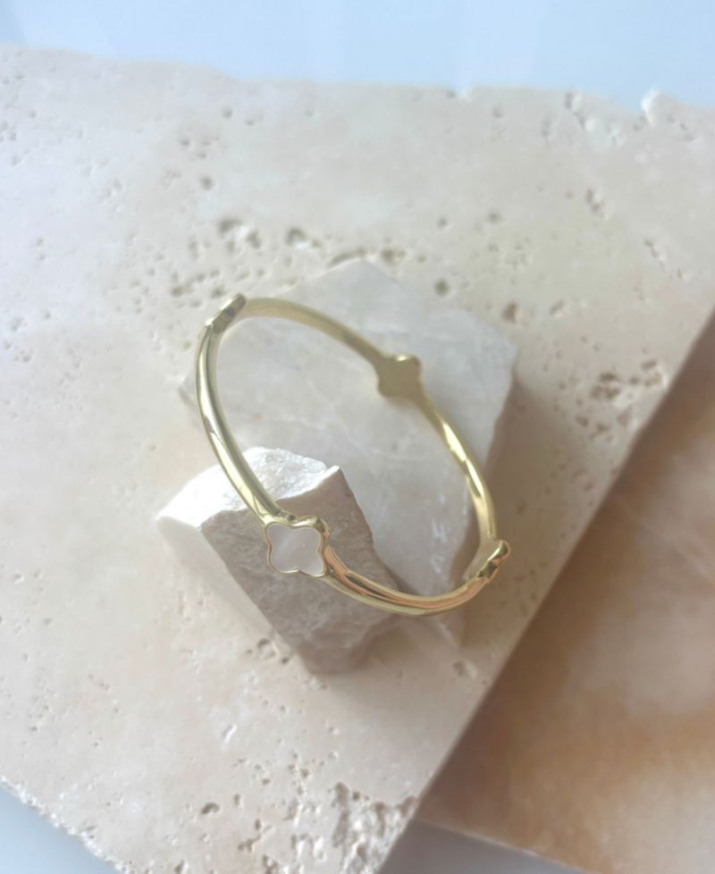 Gold Mother of Pearl Clover Bangle Bracelet