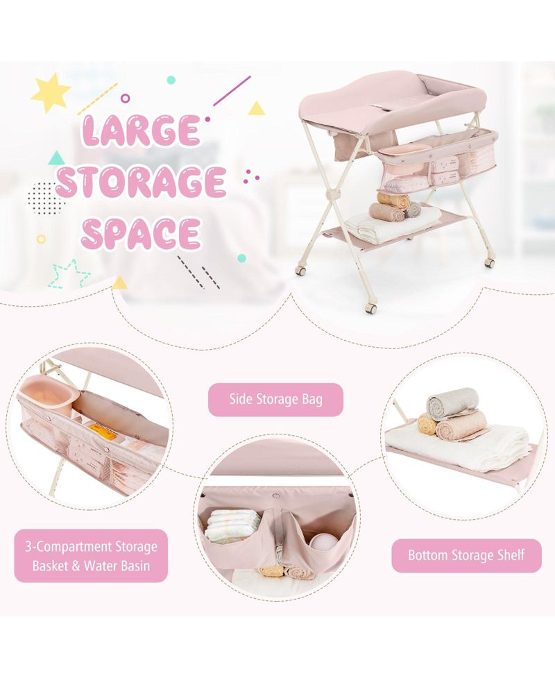 Portable Baby Changing Table with Water Basin and Rolling Wheels for Nursery