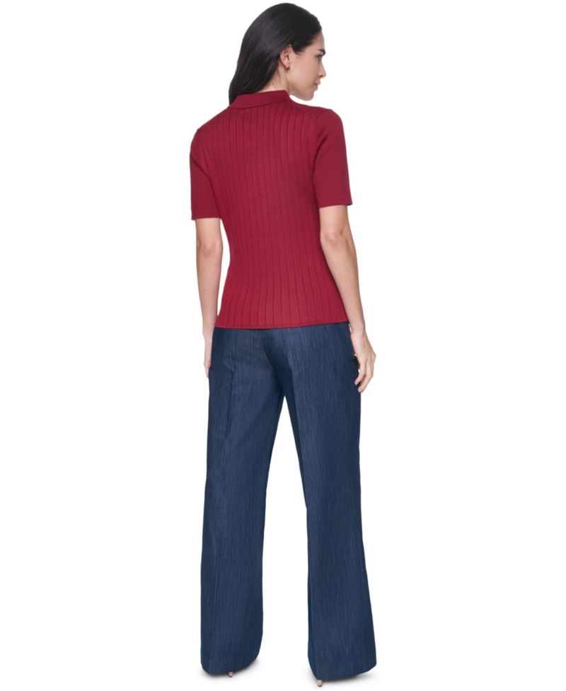 Women's Short-Sleeve Polo Ribbed Sweater