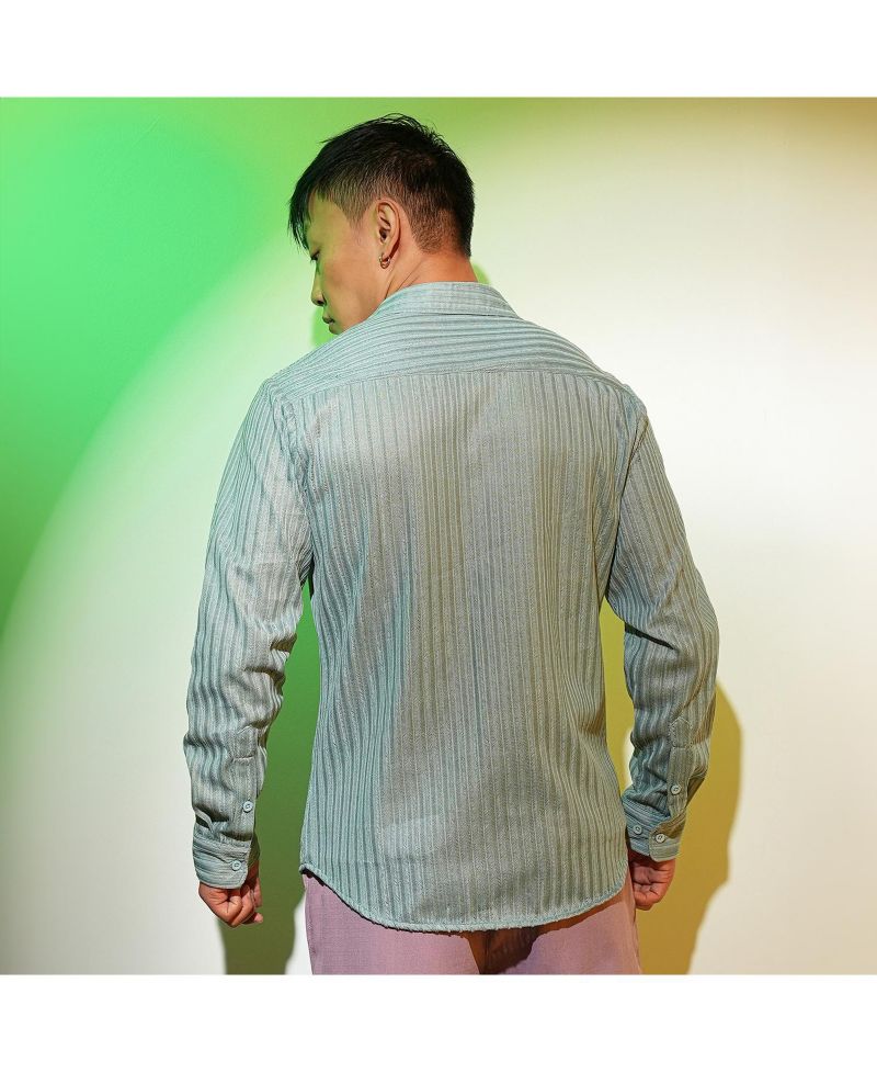 Men's Sea Green Ribbed-Striped Shirt