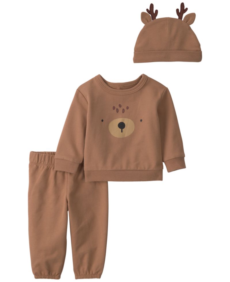 Baby Boys' and Baby Girls' Reindeer Christmas Top and Pants with Matching Hat, 3-Piece Set