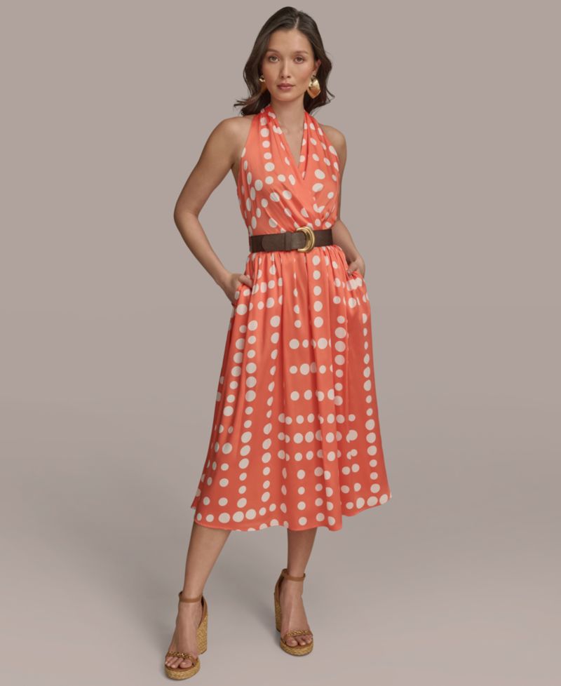 Women's Polka-dot Belted A-line Midi Dress