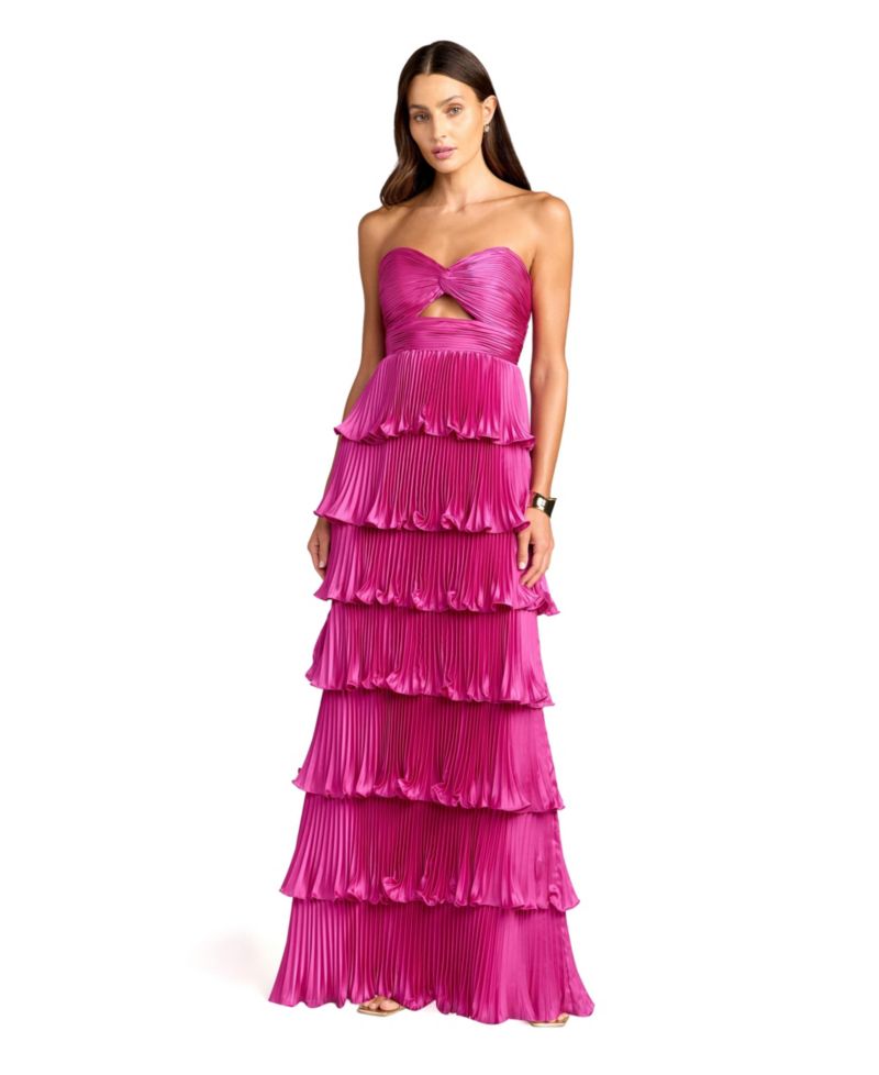 Petite Pleated Charmeuse Strapless Tiered Ruffle Gown